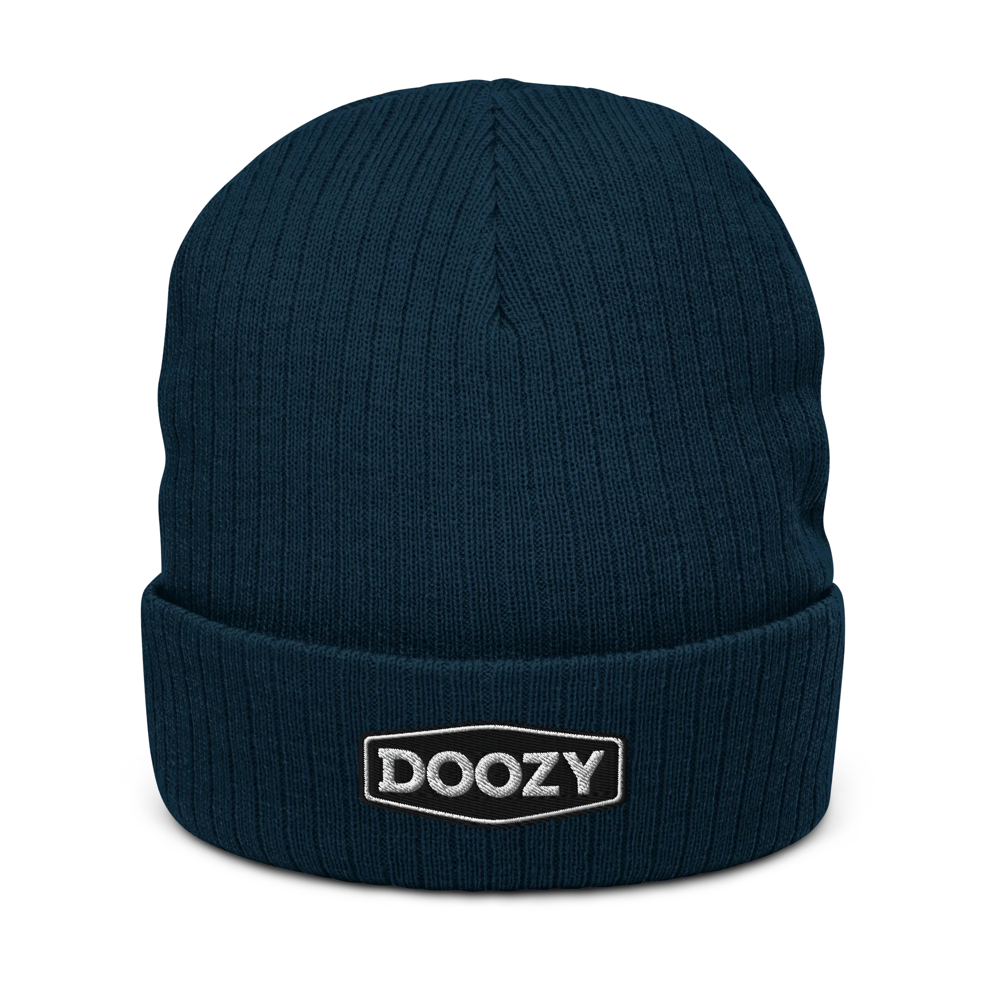 Gorro azul marino tejido con borde doblado y logo Doozy Headwear bordado al frente
