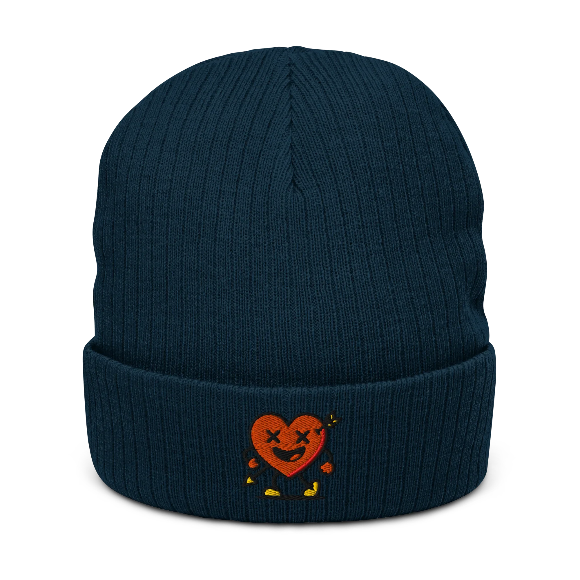 Gorro tejido azul marino Doozy Headwear con corazón bordado naranja en el frente