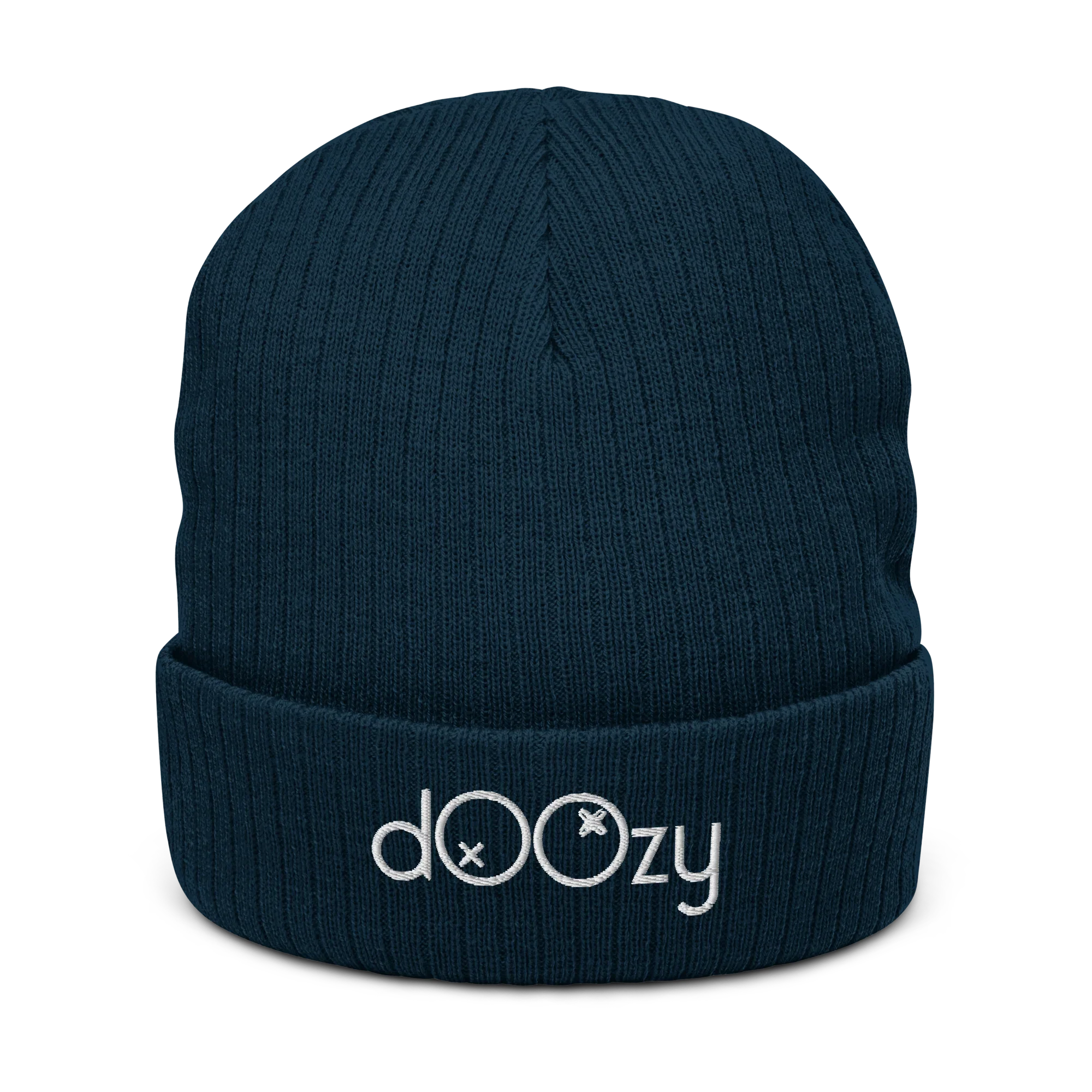 Gorro de punto acanalado azul marino Doozy Headwear con logo bordado en el frente
