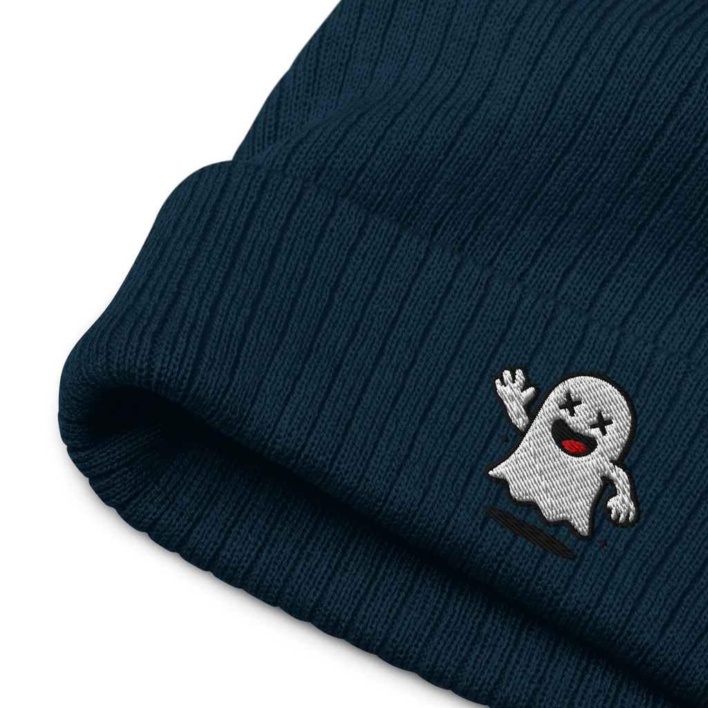Gorro de punto acanalado azul marino Doozy Headwear con parche de fantasma bordado.