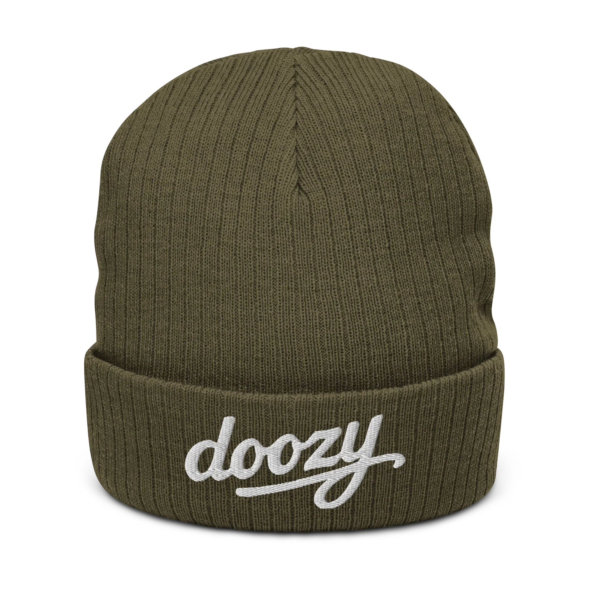 Gorro de punto canalé verde oliva con logo Doozy bordado en blanco, dOOzy Headwear