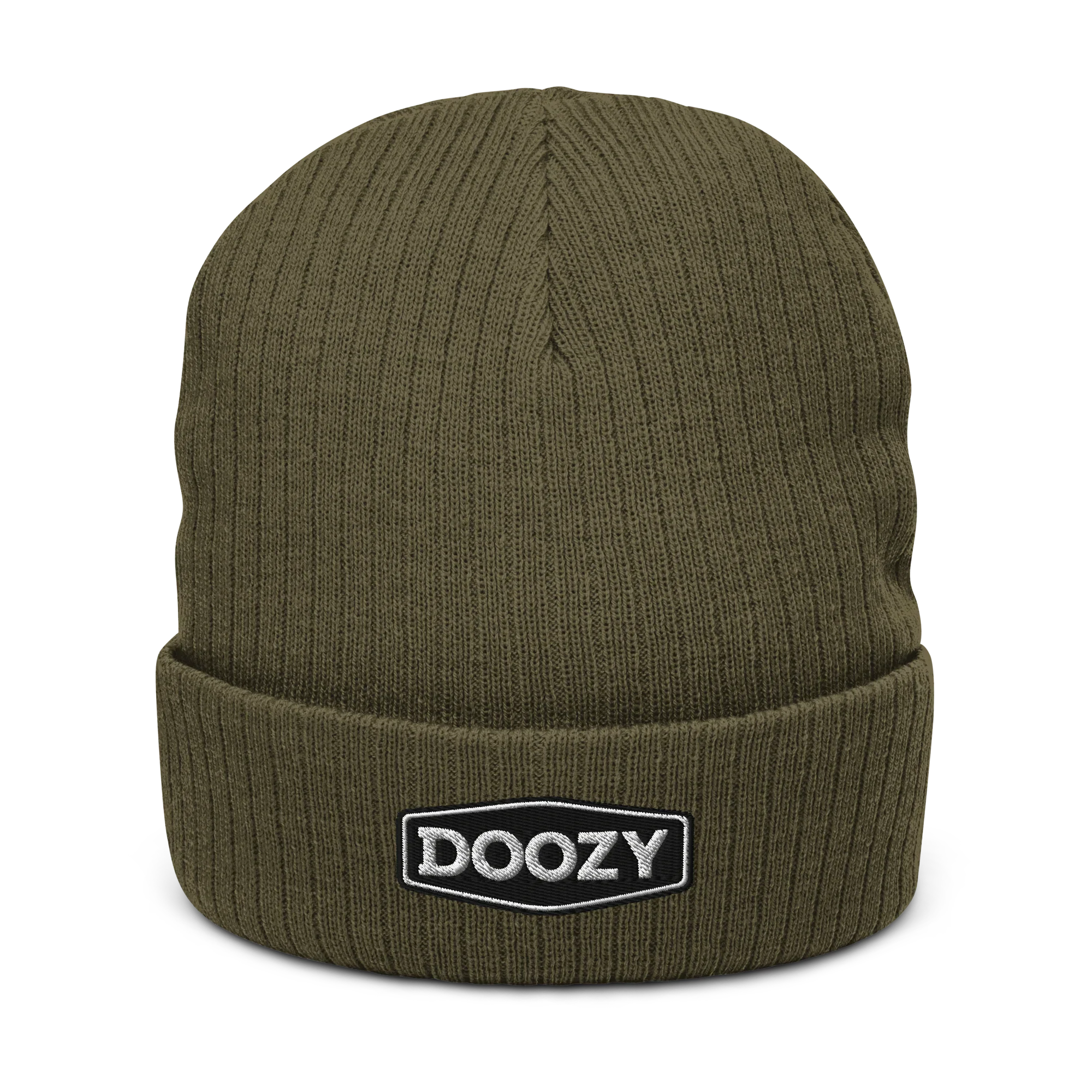 Gorro de punto canalé verde oliva Doozy Headwear con logo bordado al frente