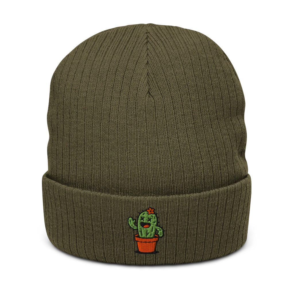 Gorro de punto acanalado verde oliva Doozy Headwear con bordado de cactus en la parte frontal
