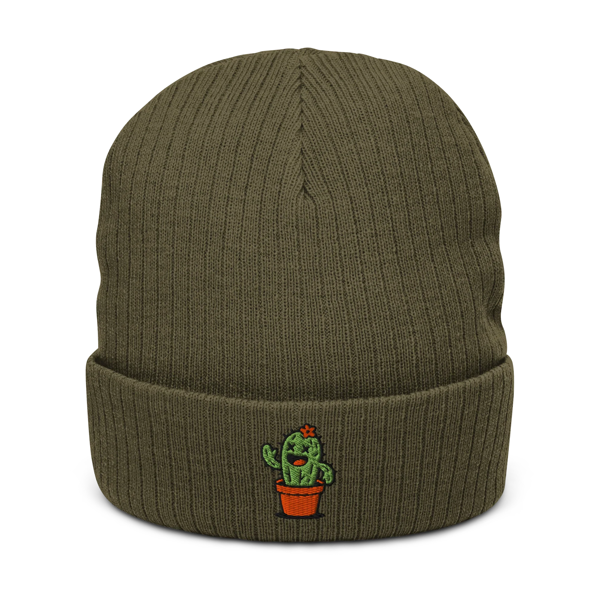 Gorro de punto acanalado verde oliva Doozy Headwear con bordado de cactus en la parte frontal