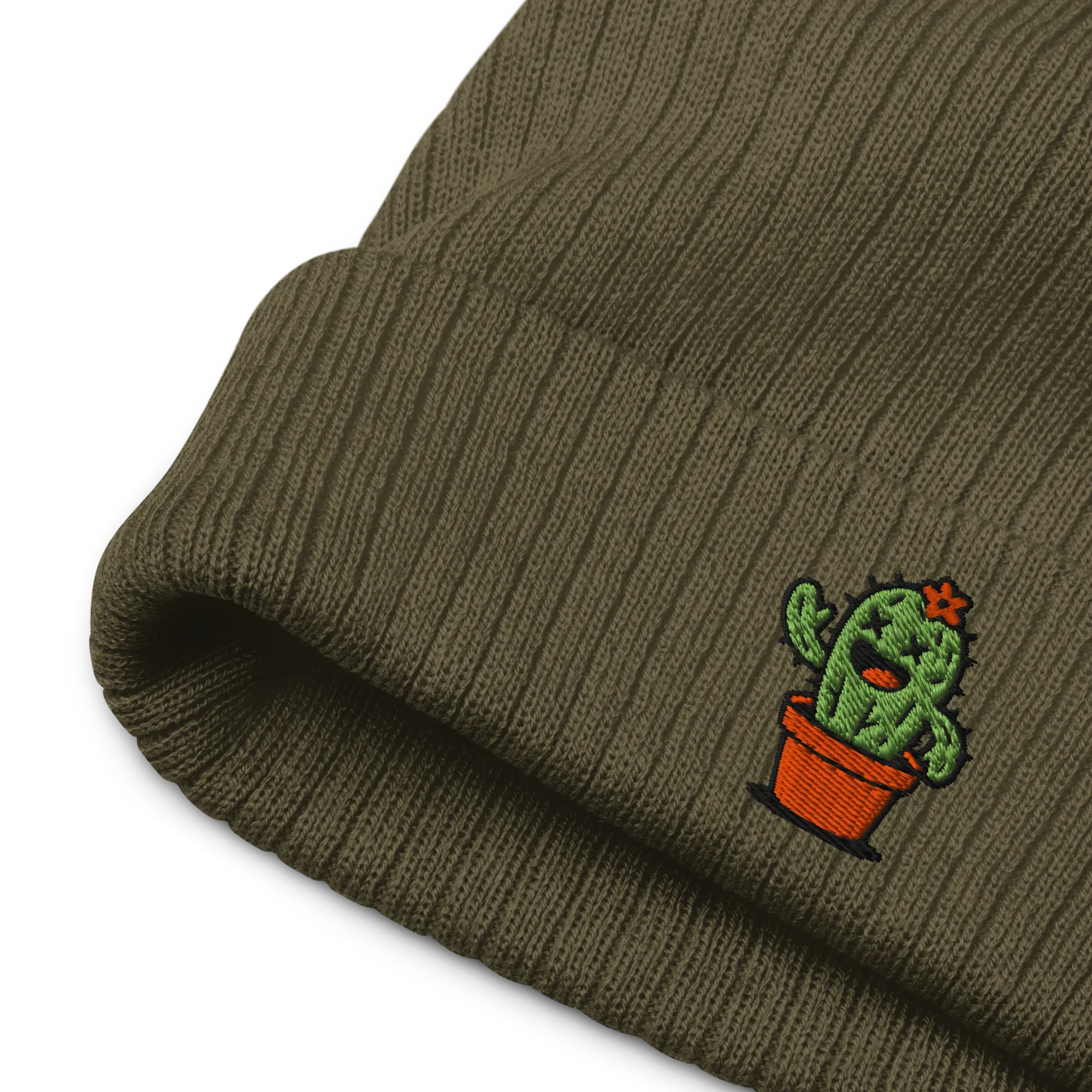 Gorro de punto canalé oliva Doozy Headwear con bordado de cactus en maceta.