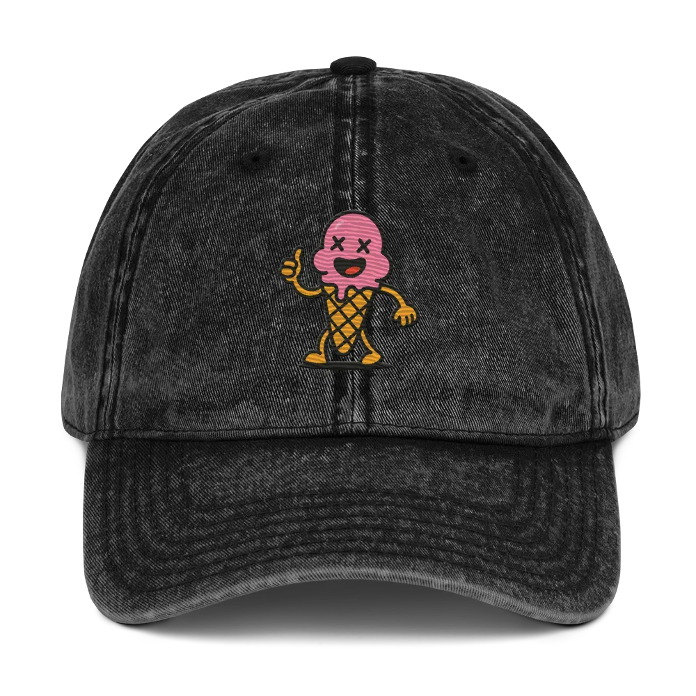 Gorra vintage negra Doozy Headwear con helado caricatura bordado en el frente