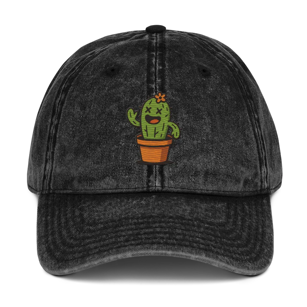 Gorra negra vintage Doozy Headwear con dibujo de cactus sonriente en maceta