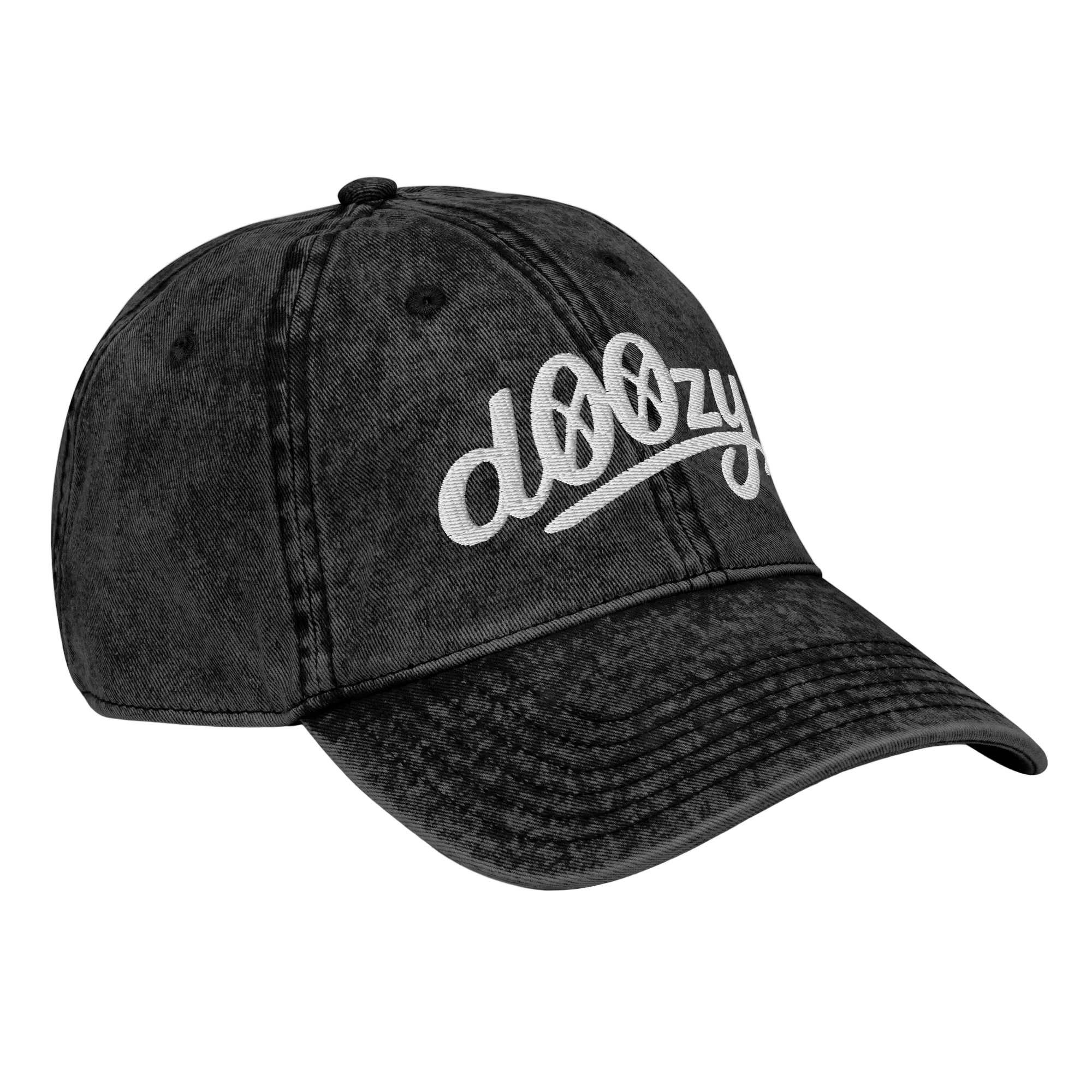 Gorra vintage negra Doozy Headwear con logo blanco, vista lateral derecha