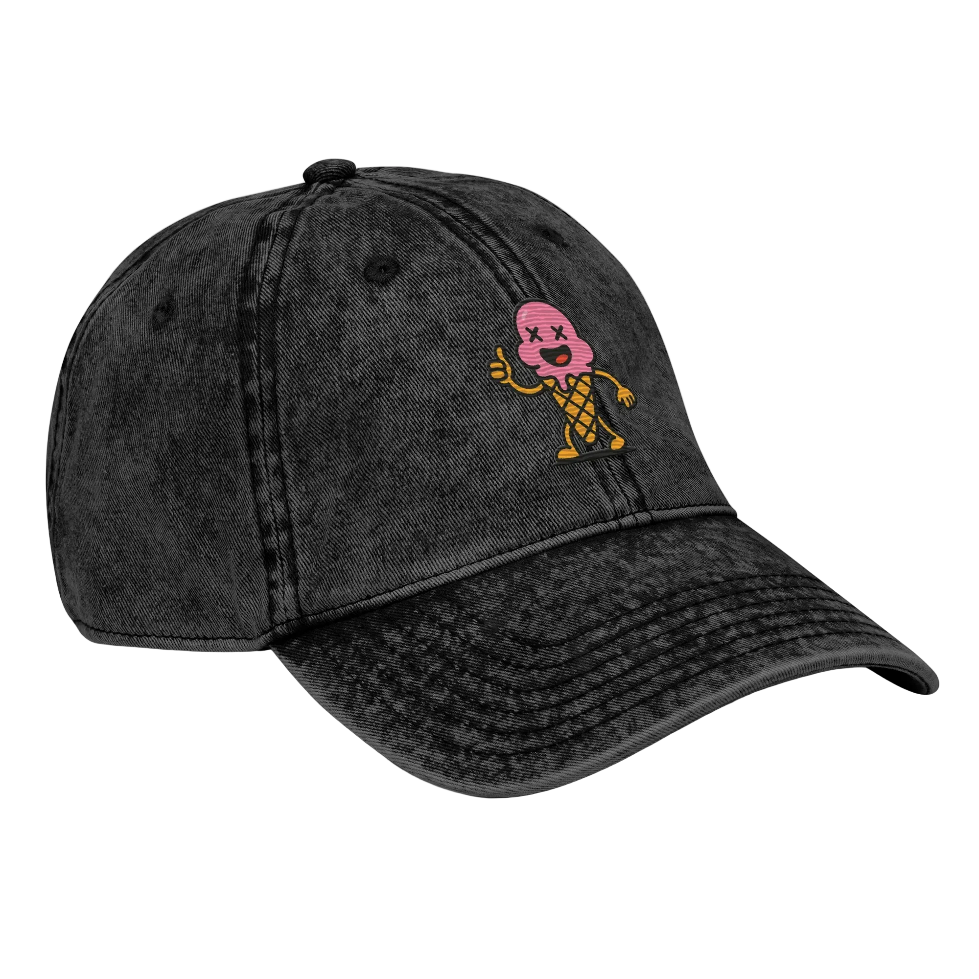 Gorra vintage negra Doozy Headwear con dibujo de helado rosa bordado