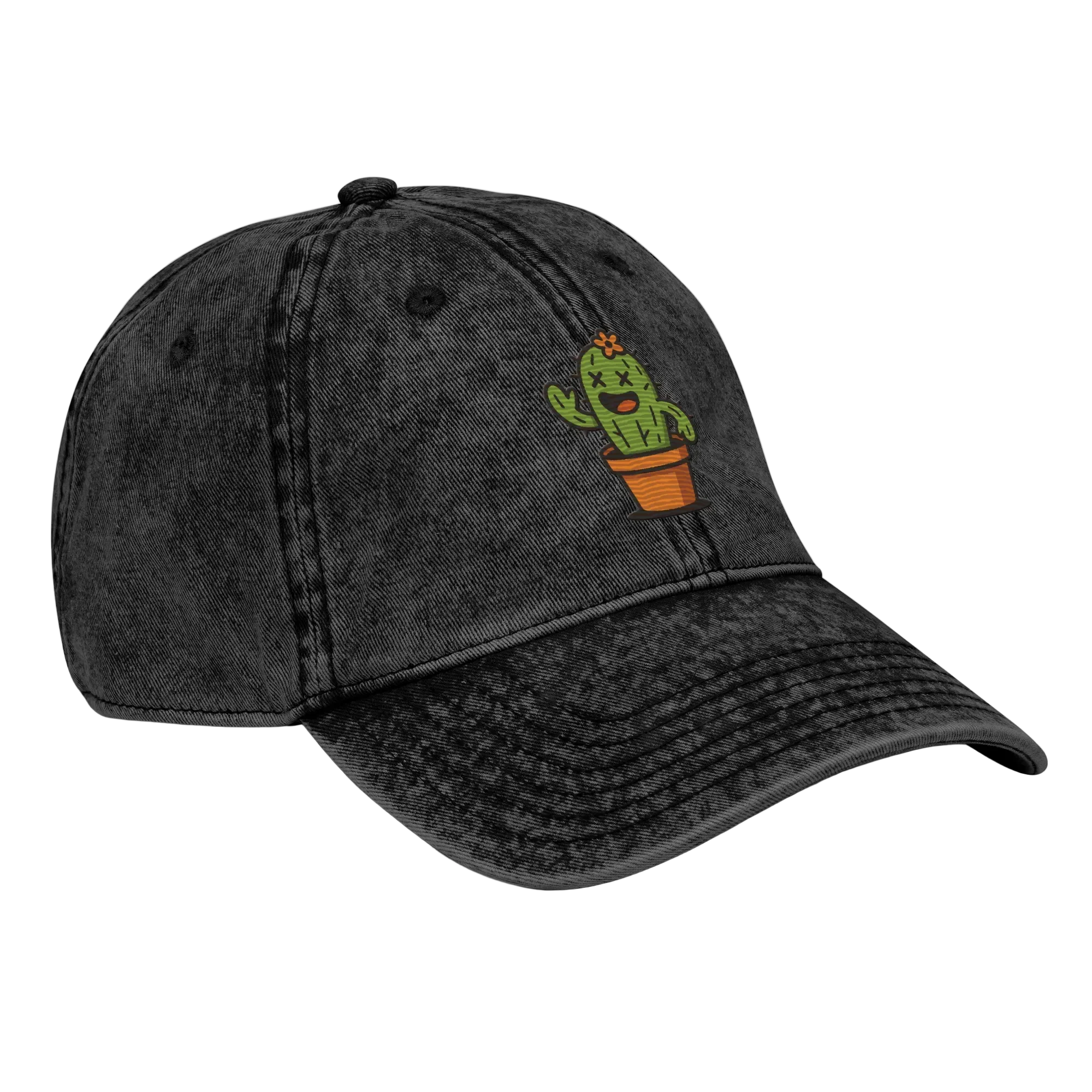 Gorra negra vintage Doozy Headwear con bordado de cactus en maceta, vista lateral