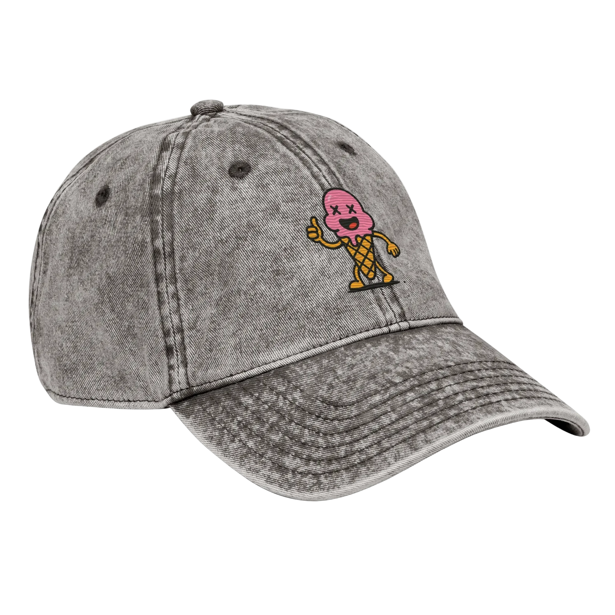 Gorra vintage gris carbón Doozy Headwear con figura de helado animado bordada