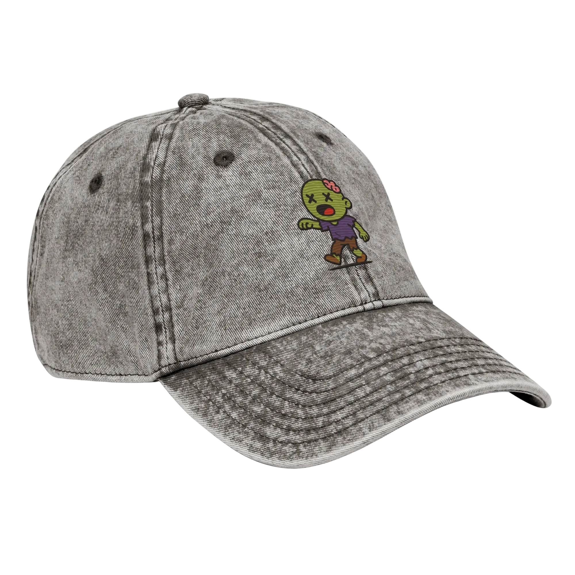 Gorra vintage gris carbón Doozy Headwear con bordado de zombi caricatura al frente