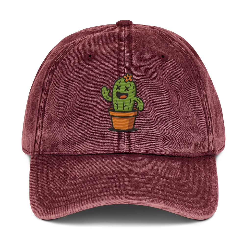 Gorra vintage granate Doozy Headwear con dibujo de cactus sonriente bordado al frente