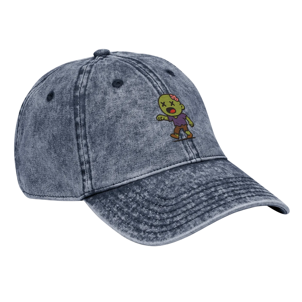 Gorra vintage azul Doozy Headwear con bordado de zombie caricaturesco en el frente