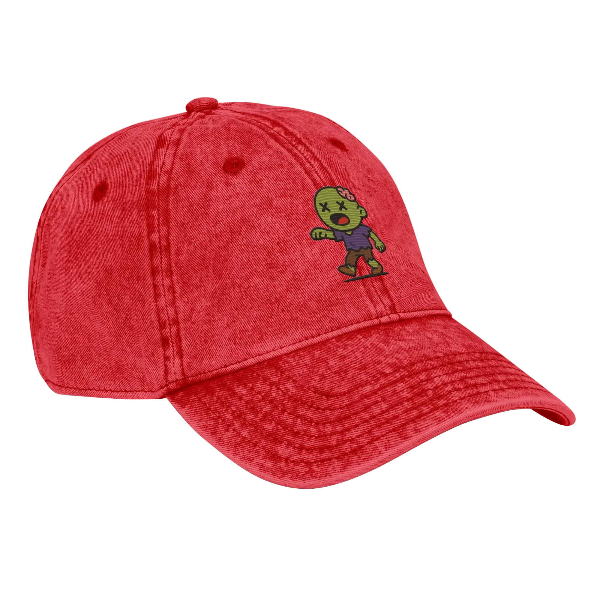 Gorra vintage roja Doozy Headwear con dibujo de zombi bordado en el frente
